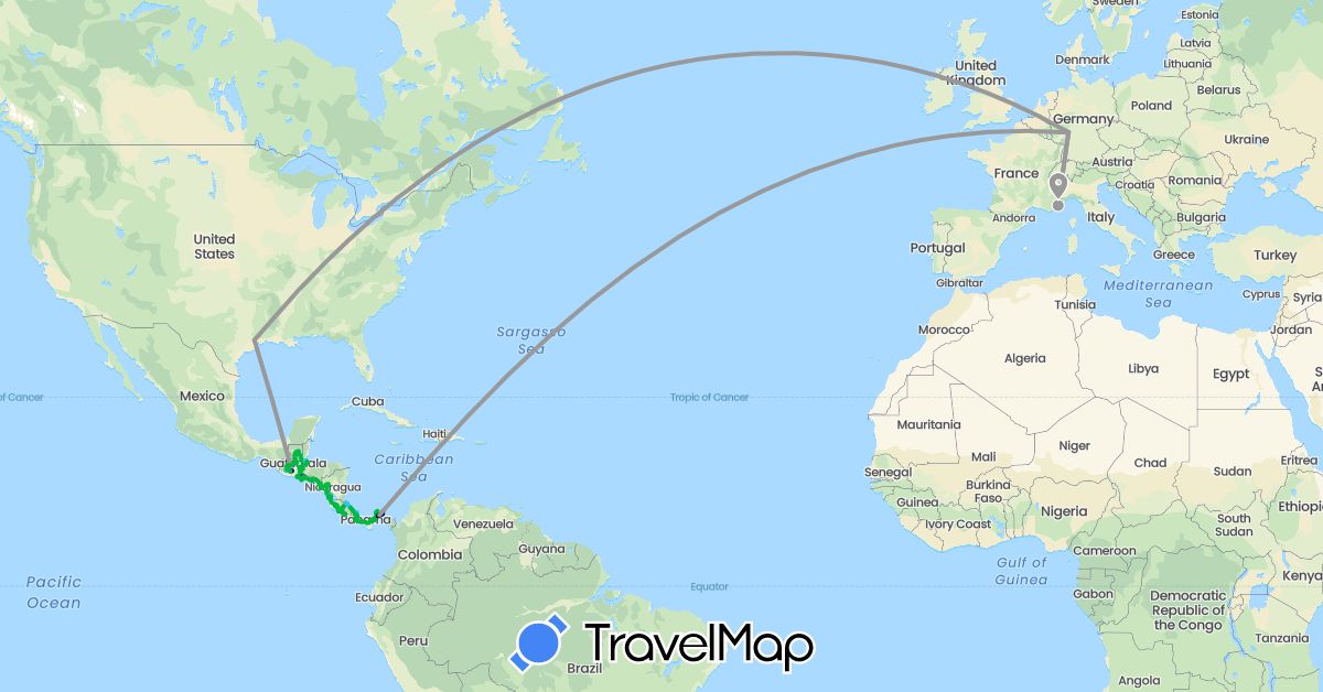 TravelMap itinerary: driving, bus, plane, boat, metro in Costa Rica, Germany, France, Guatemala, Honduras, Nicaragua, Panama, El Salvador, United States (Europe, North America)