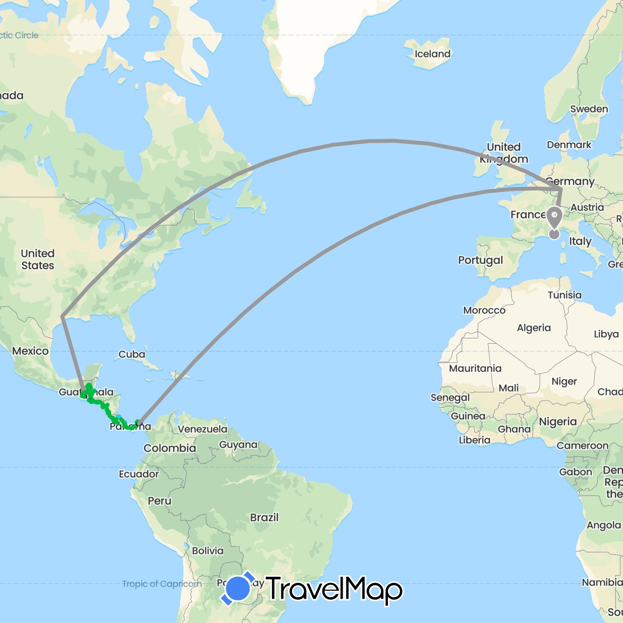 TravelMap itinerary: driving, bus, plane, boat, metro in Costa Rica, Germany, France, Guatemala, Honduras, Nicaragua, Panama, El Salvador, United States (Europe, North America)