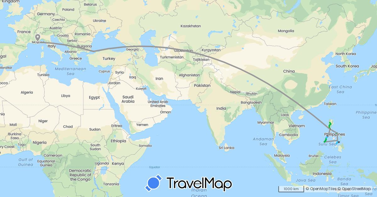 TravelMap itinerary: driving, bus, plane, boat, motorbike, tricycle in France, Philippines, Turkey (Asia, Europe)