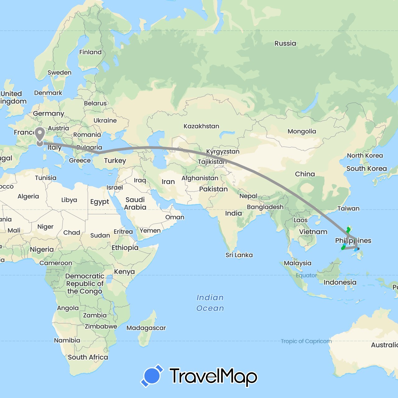 TravelMap itinerary: driving, bus, plane, boat, motorbike, tricycle in France, Philippines, Turkey (Asia, Europe)