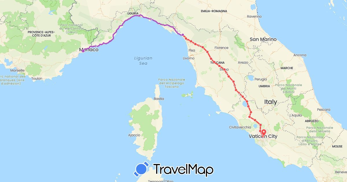 TravelMap itinerary: driving, train, hiking in France, Italy, Vatican City (Europe)