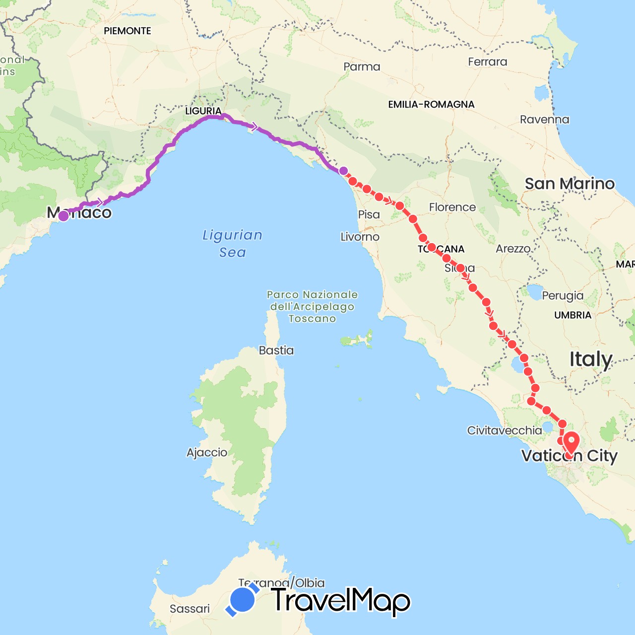 TravelMap itinerary: driving, train, hiking in France, Italy, Vatican City (Europe)