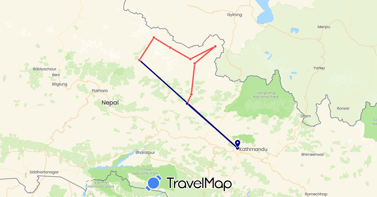 TravelMap itinerary: driving, hiking in Nepal (Asia)