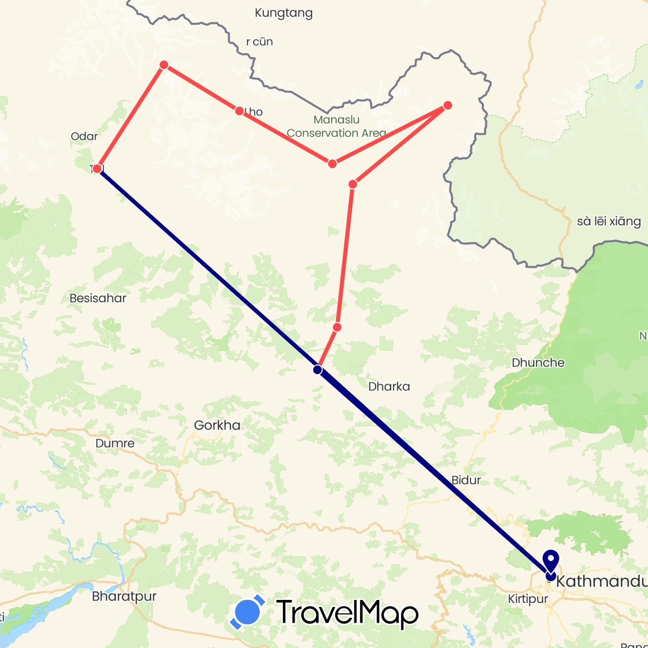 TravelMap itinerary: driving, hiking in Nepal (Asia)