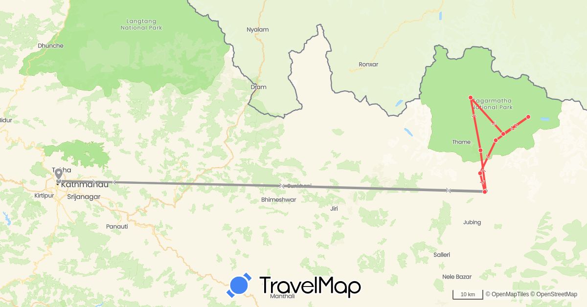 TravelMap itinerary: driving, plane, hiking in Nepal (Asia)