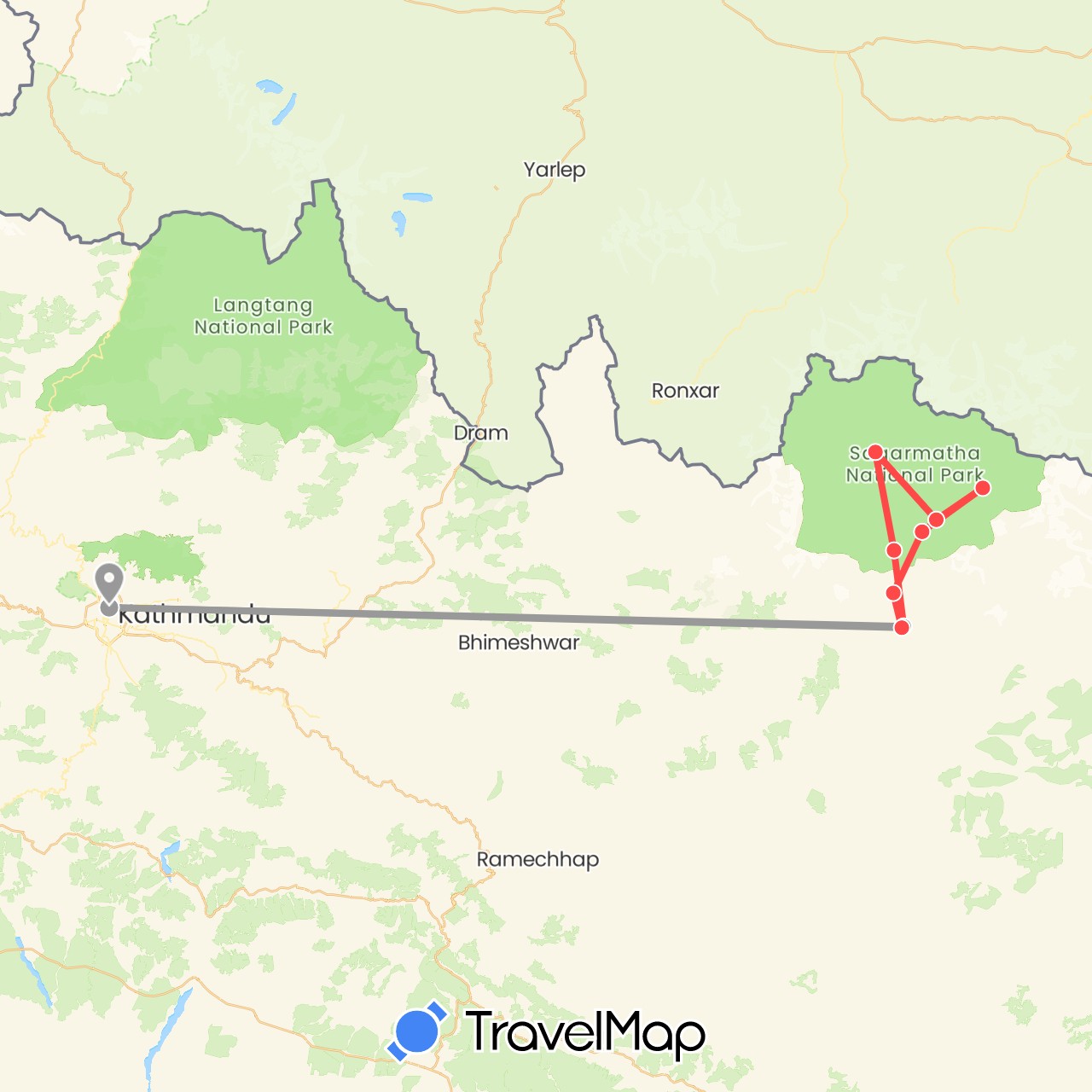 TravelMap itinerary: driving, plane, hiking in Nepal (Asia)