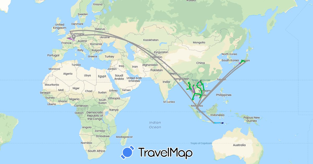 TravelMap itinerary: driving, bus, plane, train, hiking, boat, motorbike in France, Indonesia, Japan, Cambodia, Laos, Myanmar (Burma), Malaysia, Netherlands, Singapore, Thailand, Vietnam (Asia, Europe)