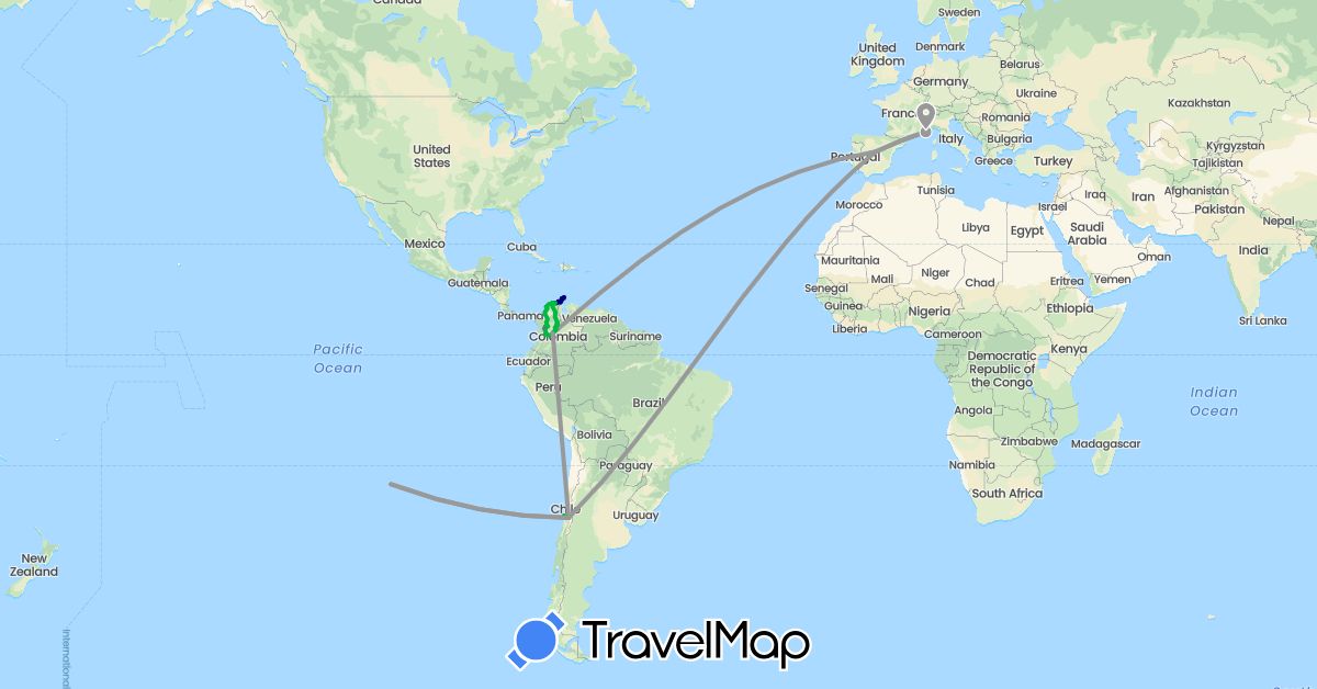 TravelMap itinerary: driving, bus, plane, camion in Chile, Colombia, Spain, France (Europe, South America)