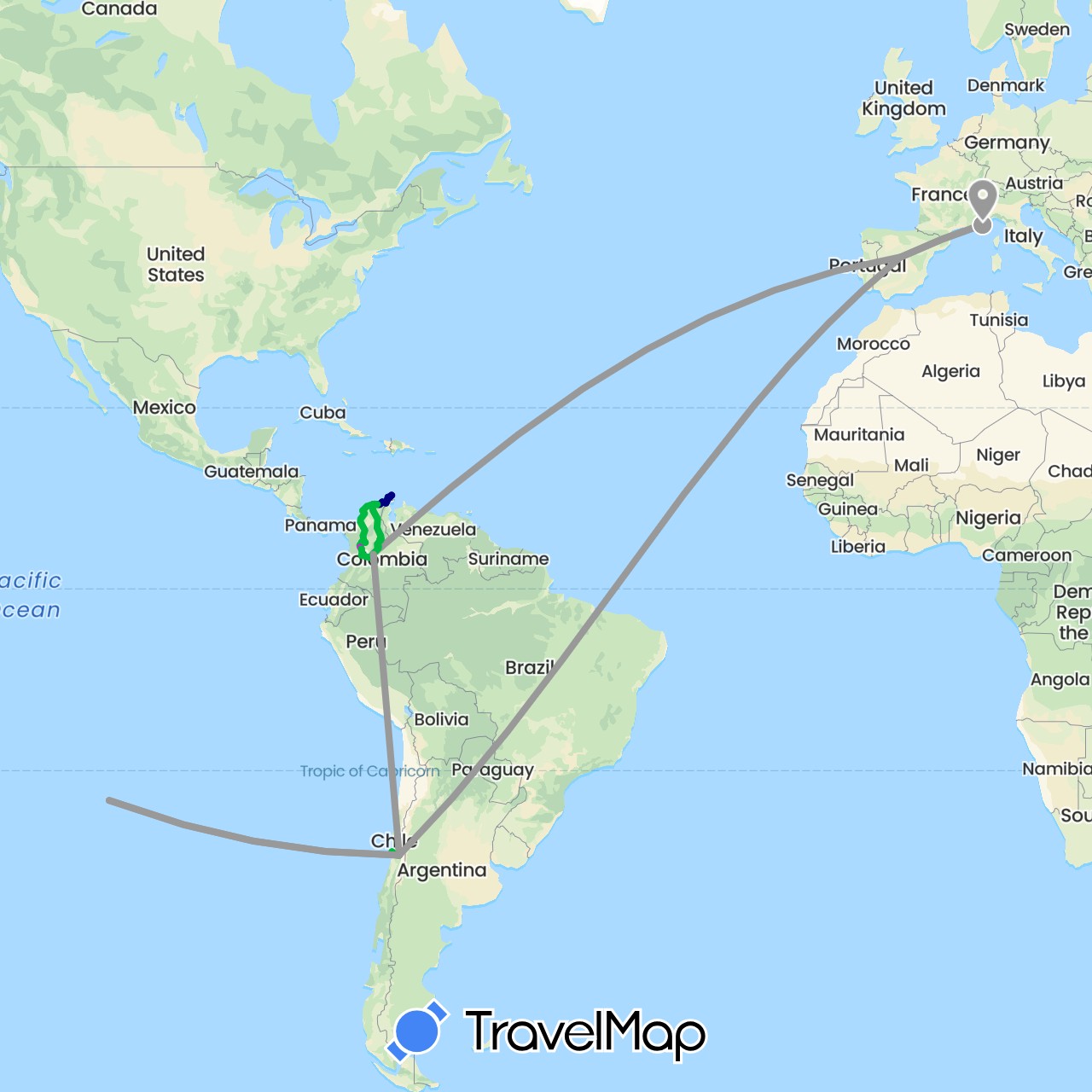 TravelMap itinerary: driving, bus, plane, camion in Chile, Colombia, Spain, France (Europe, South America)