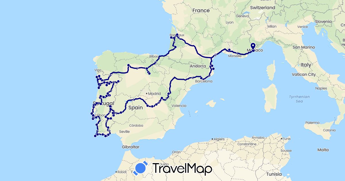 TravelMap itinerary: driving in Spain, France, Portugal (Europe)