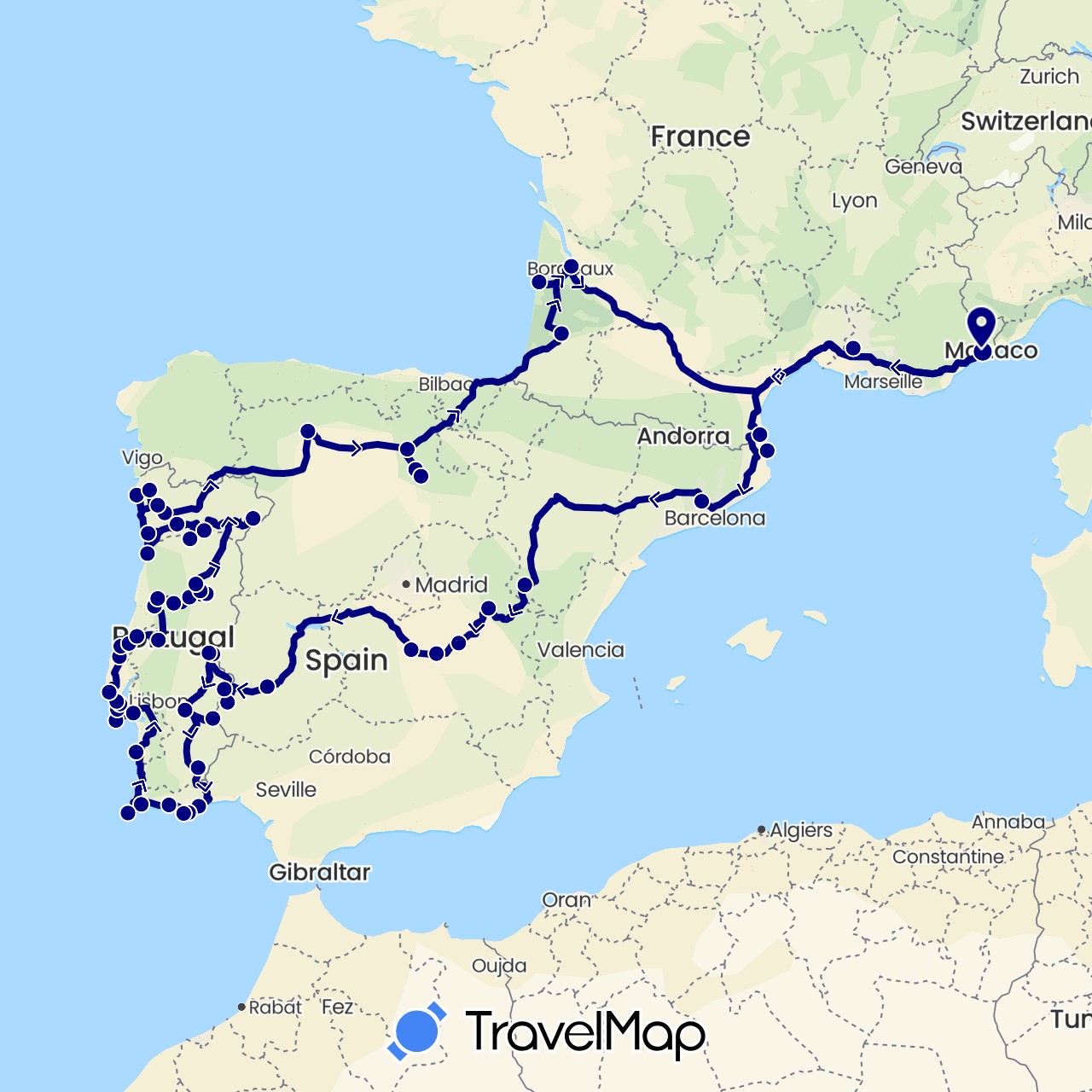 TravelMap itinerary: driving in Spain, France, Portugal (Europe)