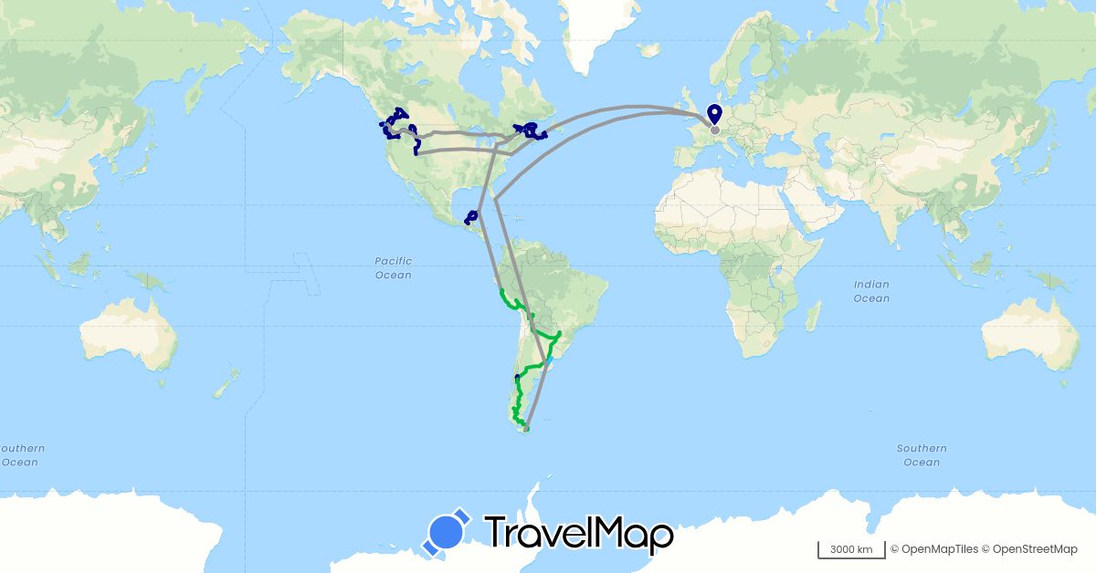 TravelMap itinerary: driving, bus, plane, boat in Argentina, Bolivia, Canada, Chile, France, United Kingdom, Mexico, Peru, United States, Uruguay (Europe, North America, South America)