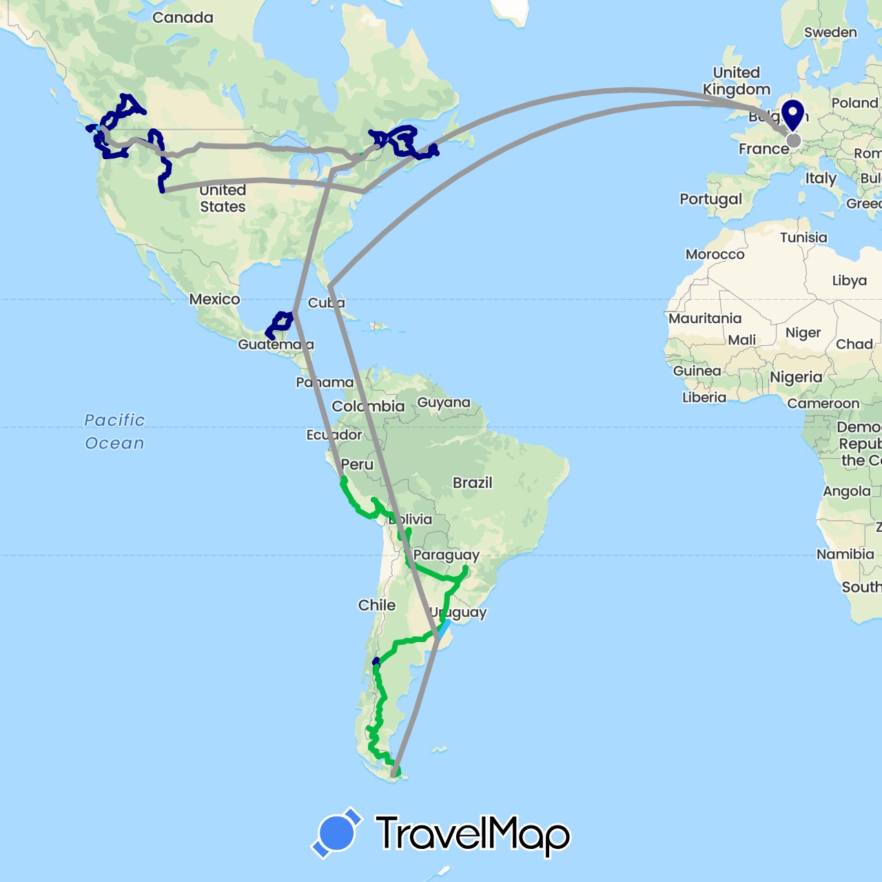 TravelMap itinerary: driving, bus, plane, boat in Argentina, Bolivia, Canada, Chile, France, United Kingdom, Mexico, Peru, United States, Uruguay (Europe, North America, South America)