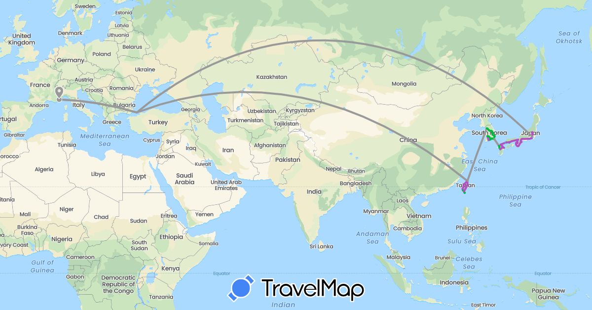 TravelMap itinerary: driving, bus, plane, train, boat, funiculaire, funiculaire in France, Japan, South Korea, Turkey, Taiwan (Asia, Europe)