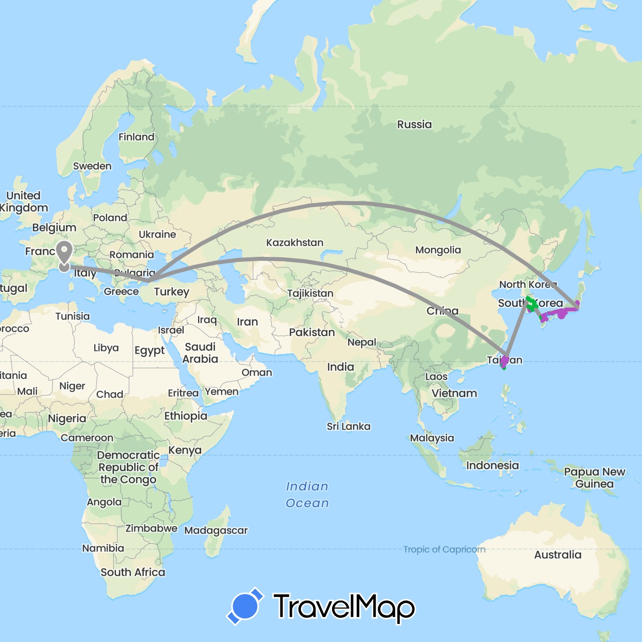 TravelMap itinerary: driving, bus, plane, train, boat, funiculaire, funiculaire in France, Japan, South Korea, Turkey, Taiwan (Asia, Europe)